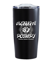 a black tumbler with the words hera by poppy on it